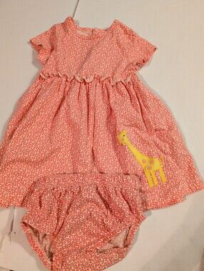 Carter's Girls Coral Pink Giraffe Print Dress with Bloomers Sz 12M